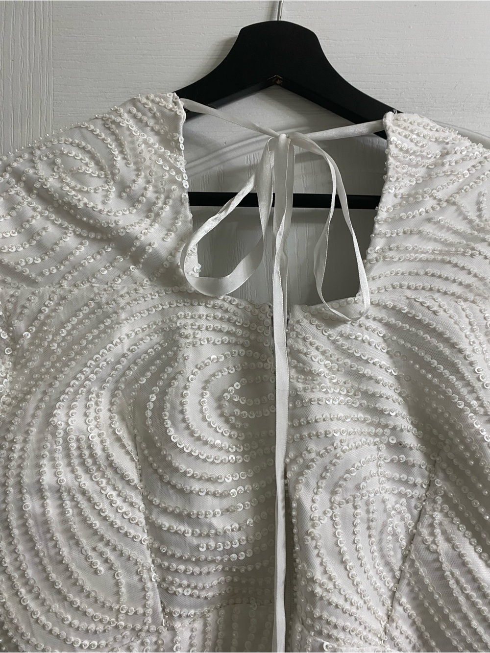 Vintage Elegant White Swirl Sequin Beaded Midi Formal Dress Long Sheer Sleeves M - Picture 15 of 16